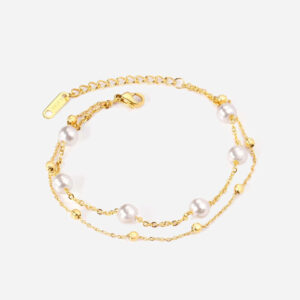 Køb Curb Layer Pearl Chain Armbånd 18K Guldbelagt billigt online tilbud