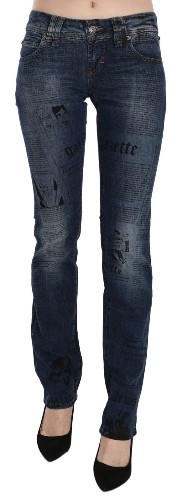 Køb Blå Newspaper Print Low Waist Skinny Denim Pants billigt online tilbud