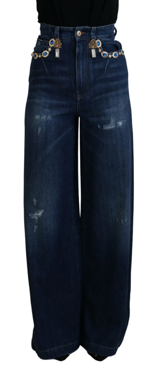 Køb Dolce & Gabbana Blå Embellished Straight Denim Bomuld Jeans billigt online tilbud