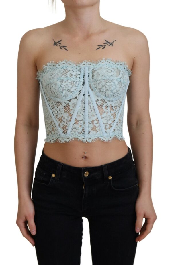 Køb Dolce & Gabbana Blå Strapless Floral Lace Bustier Crop Top billigt online tilbud