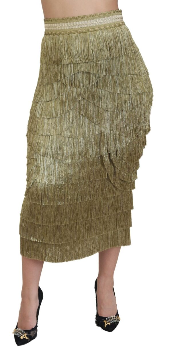 Køb Dolce & Gabbana Guld Tiered Metallic Fringed Midi Silke Skirt billigt online tilbud