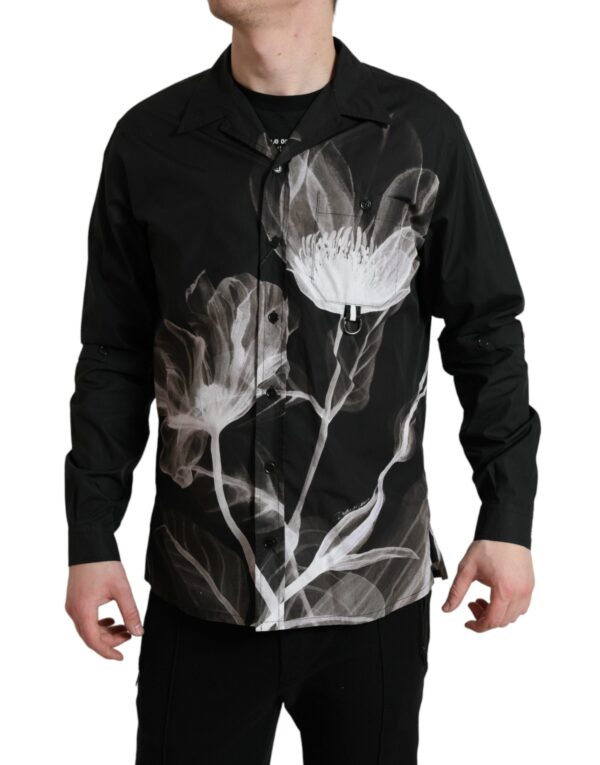 Køb Dolce & Gabbana Sort Floral Bomuld Collared Long Sleeves Men Shirt billigt online tilbud