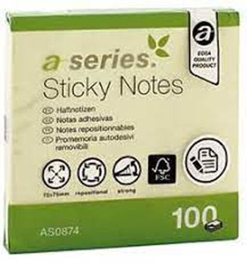 A-series sticky notes 75x75mm 100 ark AS0874 gul 12 stk. online shopping billigt tilbud shoppetur