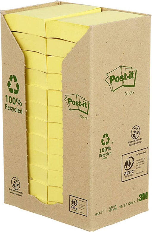 Post-it notes 3M 100% recycled paper 653-1T 38mm x 51mm 100 ark 24 stk. online shopping billigt tilbud shoppetur