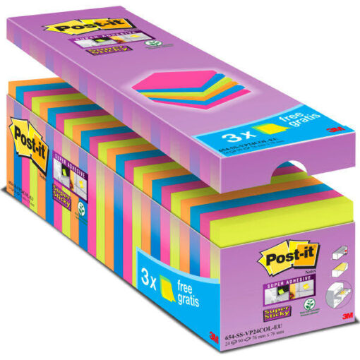 Post-it super sticky notes 76x76mm mixfarvet 24 pakker online shopping billigt tilbud shoppetur