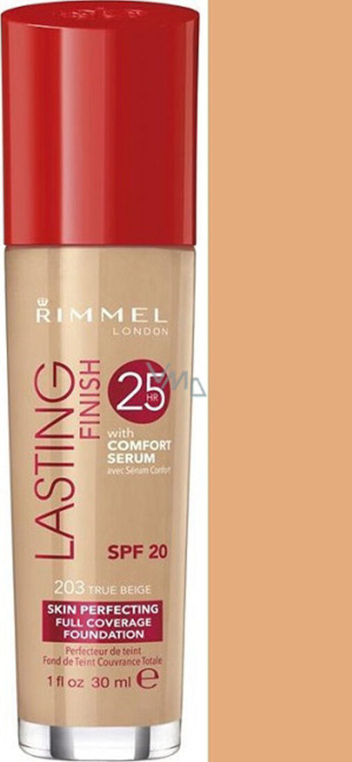 Rimmel london lasting finish SPF20 skin perfecting full coverage foundation 203 true beige 30ml online shopping billigt tilbud shoppetur