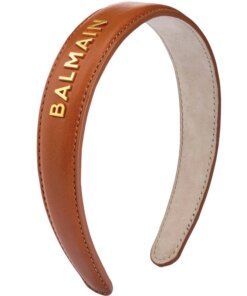 shop Balmain Accessories Leather Headband With Gold Logo 18k - Cognac af Balmain Paris - online shopping tilbud rabat hos shoppetur.dk