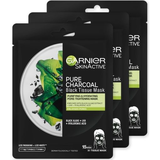 shop 3 x Garnier Skinactive Face Pure Charcoal Black Tissue Mask Black Algae 28 gr. af Garnier - online shopping tilbud rabat hos shoppetur.dk