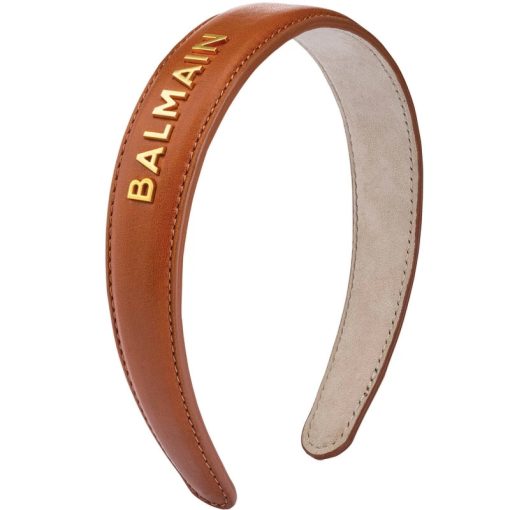 shop Balmain Accessories Leather Headband With Gold Logo 18k - Cognac af Balmain Paris - online shopping tilbud rabat hos shoppetur.dk