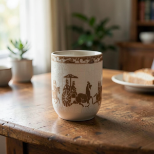 Alternative view of Retro porcelænskop 100 ml – beige/brun uden hank med kinesisk vogn